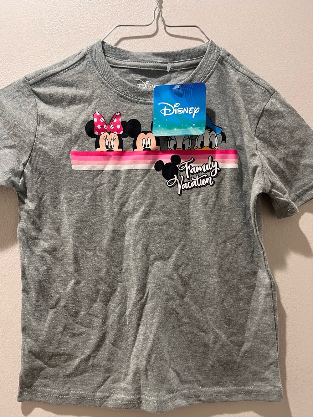 Disney Gray Tee with Minnie, Mickey & Friends Pink Stripe